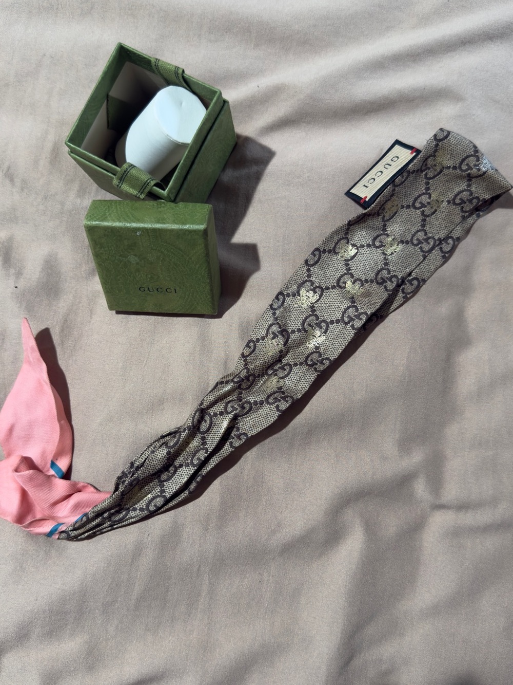 Gucci Beige & Pink Monogram Silk Twilly